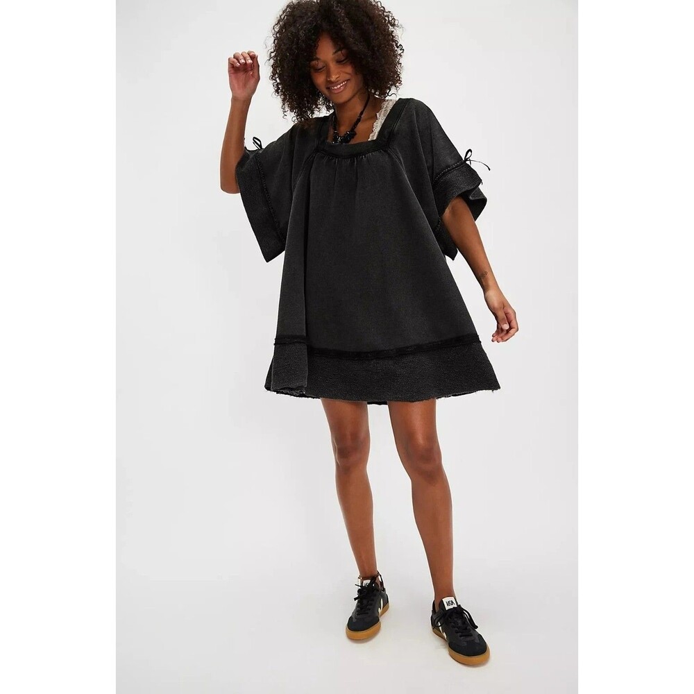 Free People Astoria Sweatshirt Tunic Dress Oversized Black Lace Cotton S 284486